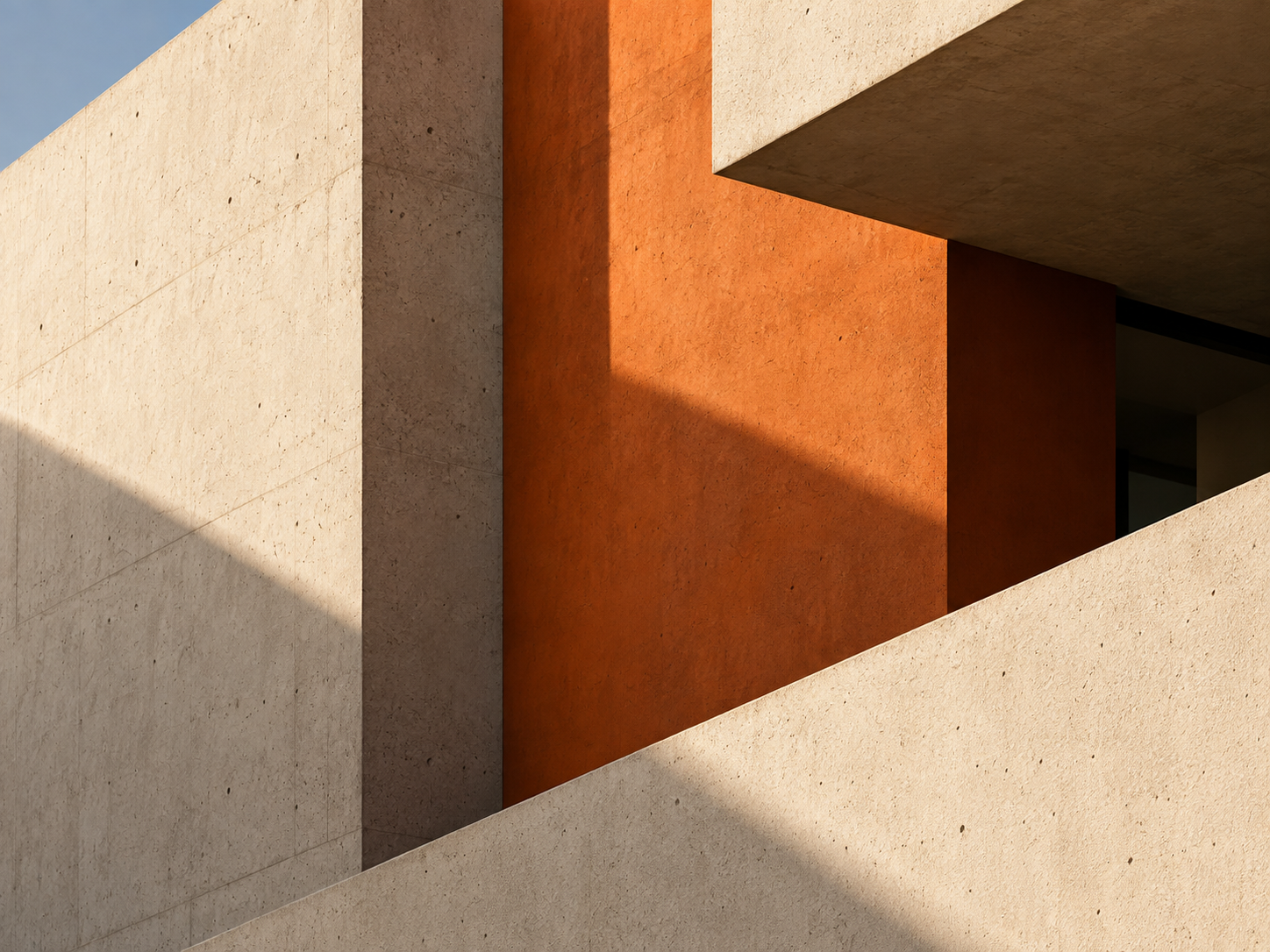 Composição arquitetônica de concreto claro e parede laranja, com luz e sombras diagonais
